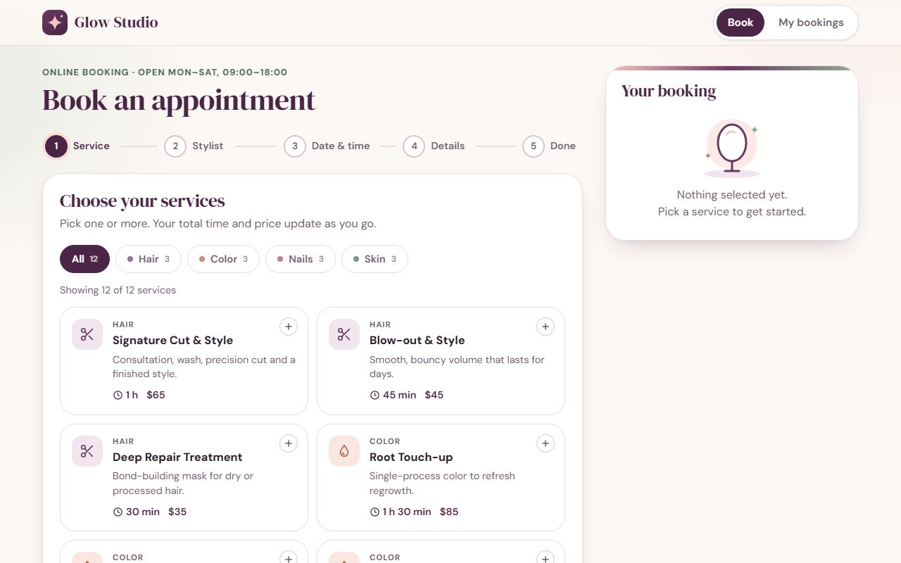 Glow Studio salon booking app, desktop view