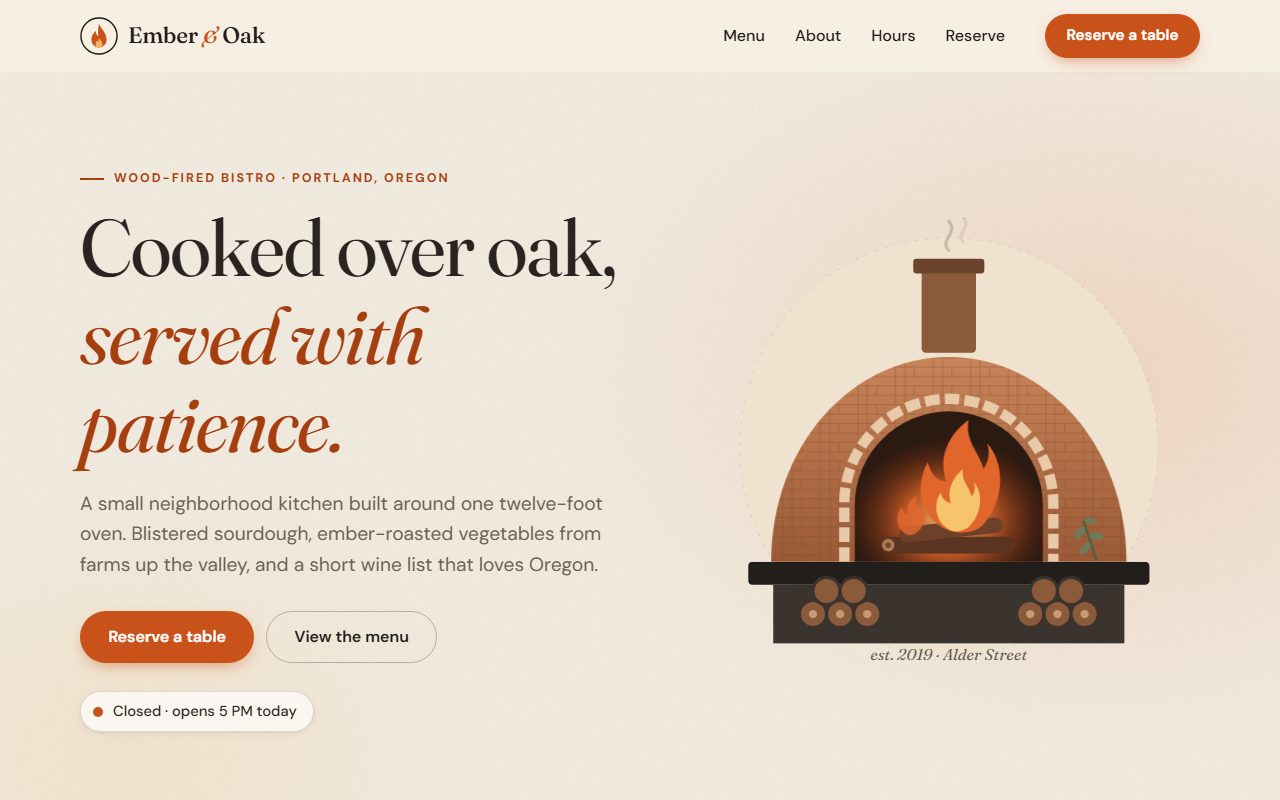 Ember & Oak restaurant website, desktop view